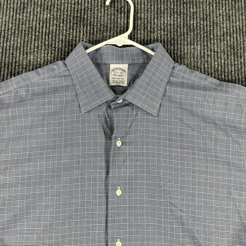 Brooks Brothers Shirt Men 17.5-35 Blue Plaid Long Sleeve Button Up Regent Fit